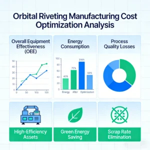 Diagram comparing total riveting costs across pneumatic, hydraulic, and servo electric riveting systems, showing lower energy consumption and scrap rates for servo technology.