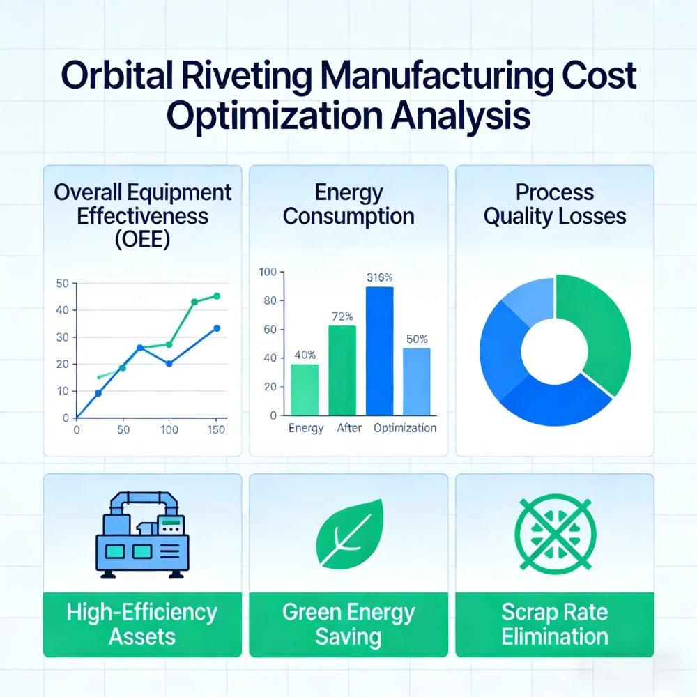 Diagram comparing total riveting costs across pneumatic, hydraulic, and servo electric riveting systems, showing lower energy consumption and scrap rates for servo technology.